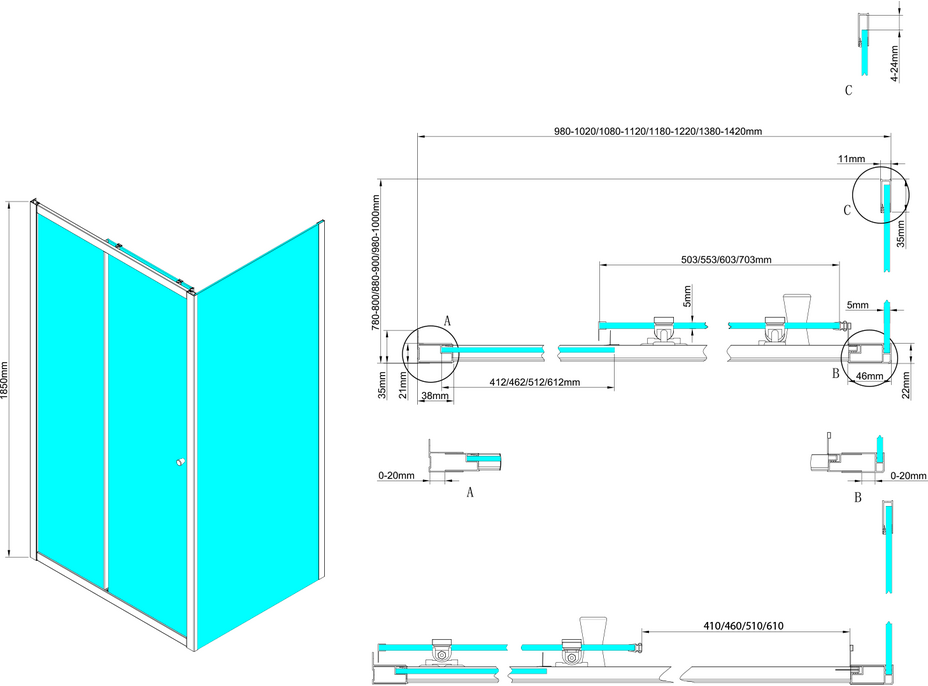 Aqualine UGGA obdélníkový sprchový kout 1100x900mm, sklo Brick, bílá AWS110-02