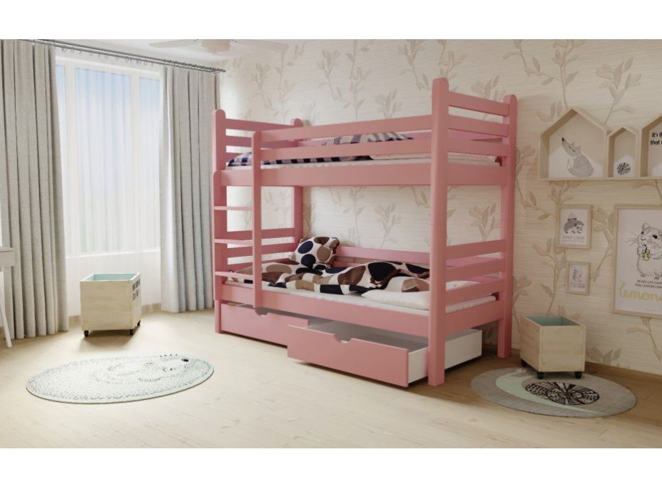 Dětská patrová postel z MASIVU 200x80cm se šuplíky - M07 růžová