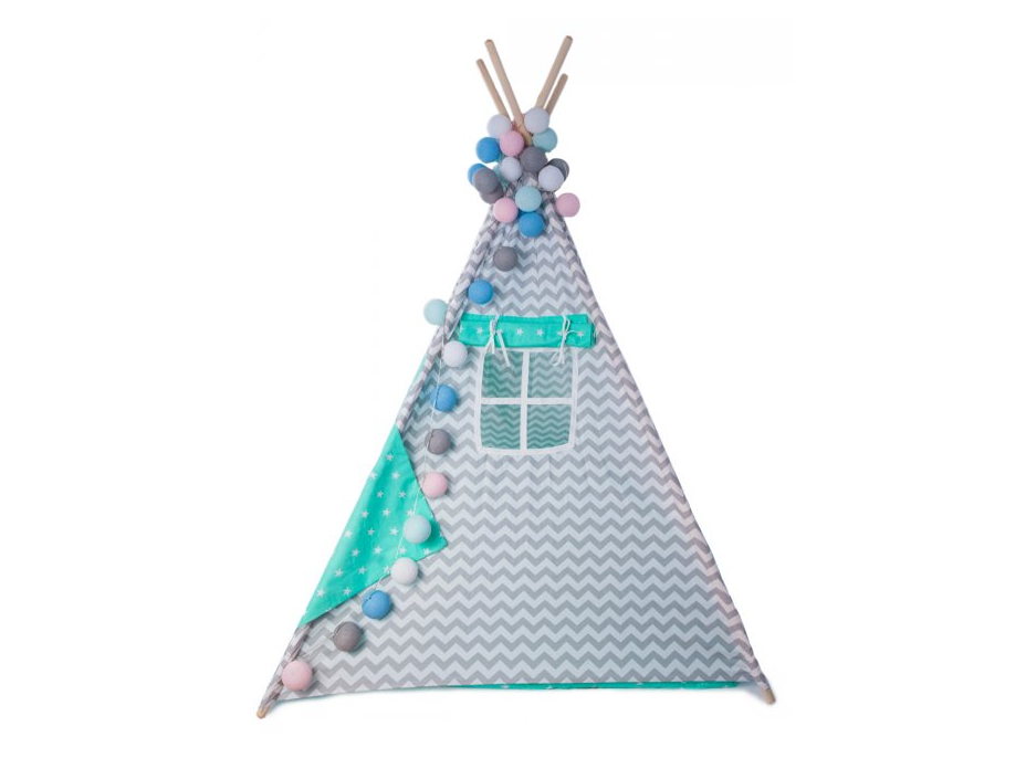 Dětský stan TEEPEE (TÝPÍ) MINT S VLNKAMI + doplňky