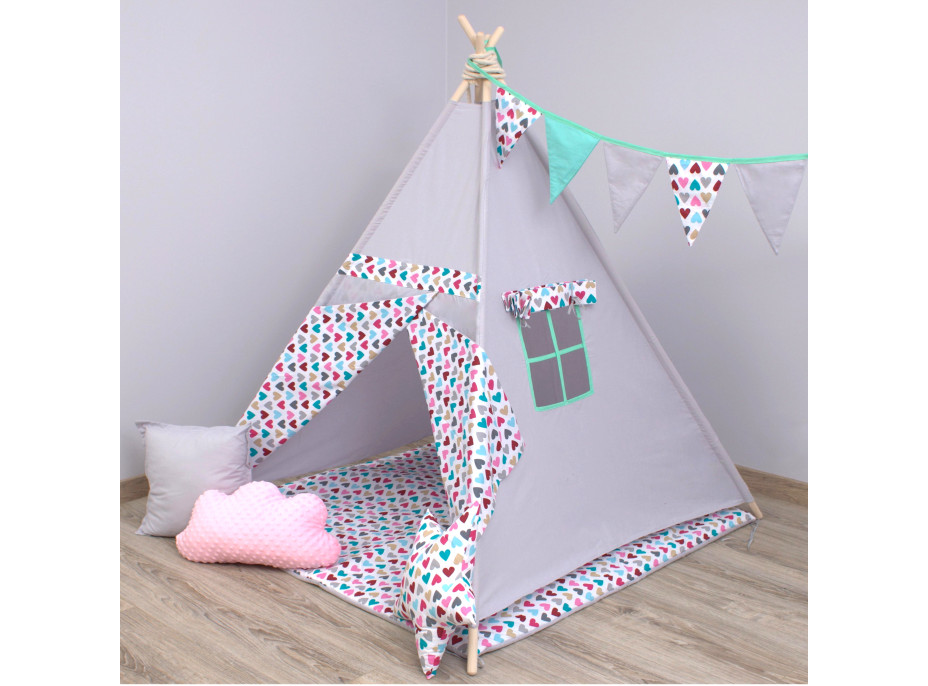 Dětský stan TEEPEE (TÝPÍ) SRDÍČKA + doplňky