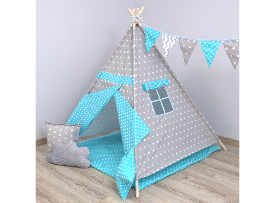 Dětský stan TEEPEE (TÝPÍ) MODROŠEDÝ + doplňky