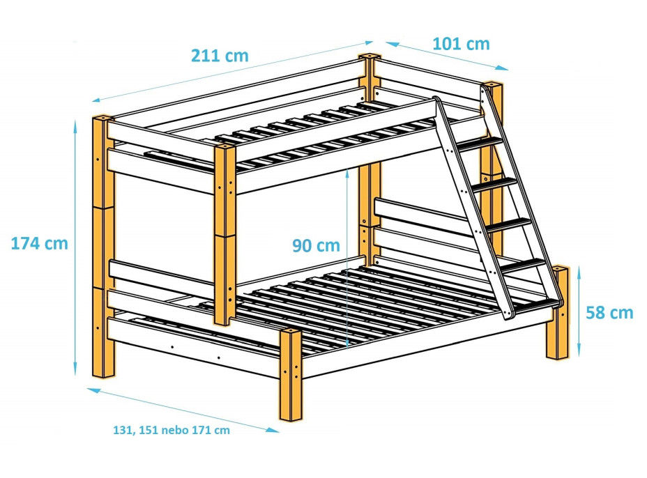 Rozměry dětské patrové postele s rozšířeným spodním lůžkem