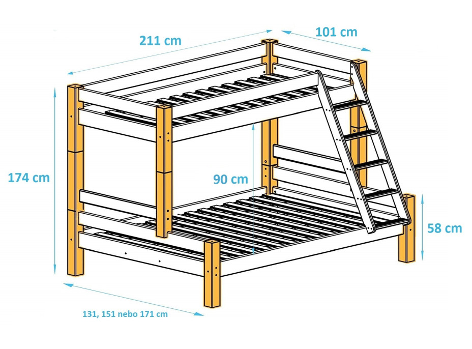 Rozměry dětské patrové postele s rozšířeným spodním lůžkem z masivu PAVLÍNA