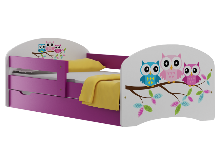 Dětská postel se šuplíky BAREVNÉ SOVY 140x70 cm