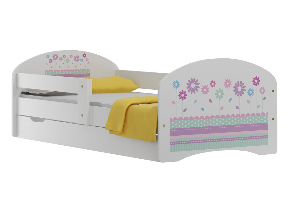 Dětská postel se šuplíky BAREVNÉ KVÍTKY 140x70 cm