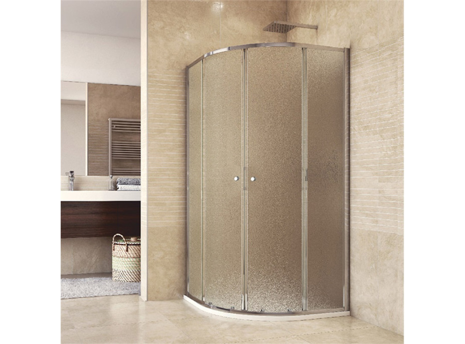 Sprchový set: kout čtvrtkruh, 90x90x185 cm, R550, chrom ALU, sklo Chinchilla, SMC vanička nízká