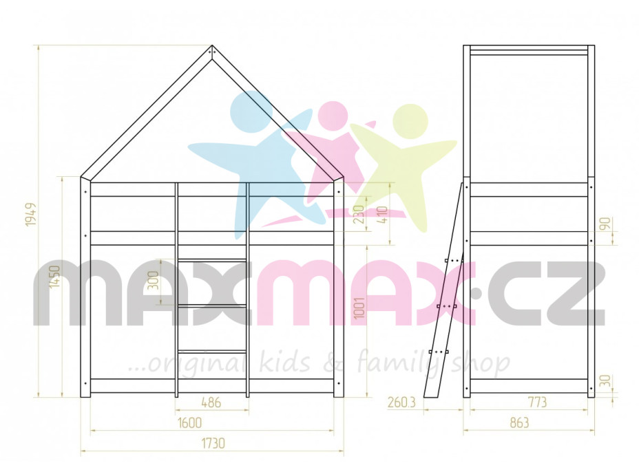 Dětská postel z masivu PATROVÝ DOMEČEK - TYP A 160x80 cm