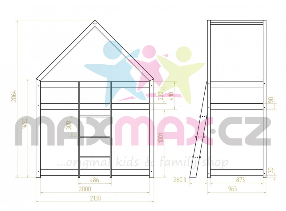 Dětská postel z masivu PATROVÝ DOMEČEK - TYP A 200x90 cm