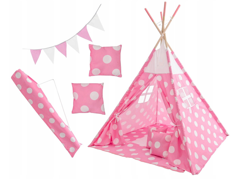 Dětský stan TEEPEE (TÝPÍ) RŮŽOVÝ s PUNTÍKY + doplňky