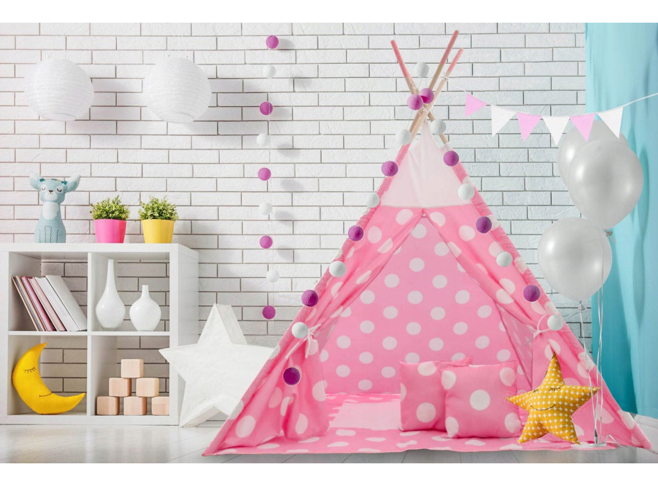 Dětský stan TEEPEE (TÝPÍ) RŮŽOVÝ s PUNTÍKY + doplňky