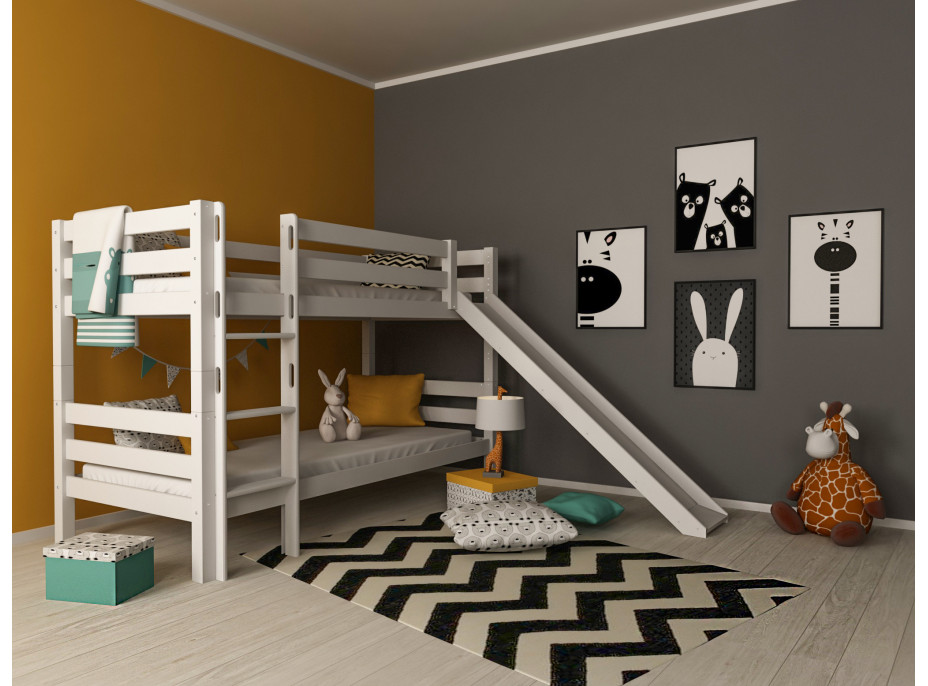 Dětská patrová postel se skluzavkou z MASIVU BUK - MARK 200x90cm - bílá
