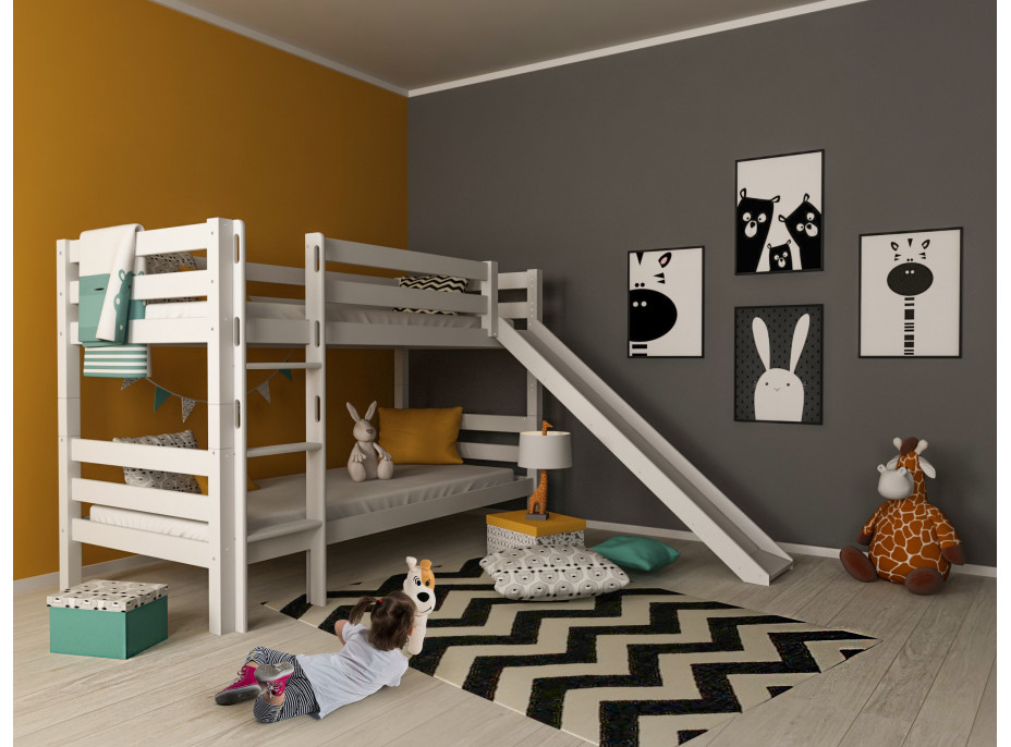 Dětská patrová postel se skluzavkou z MASIVU BUK - MARK 200x90cm - bílá