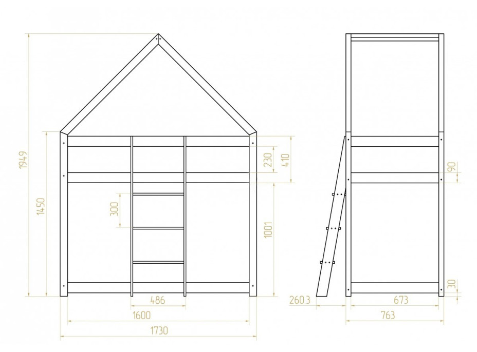 Dětská postel z masivu PATROVÝ DOMEČEK - TYP B 160x70 cm
