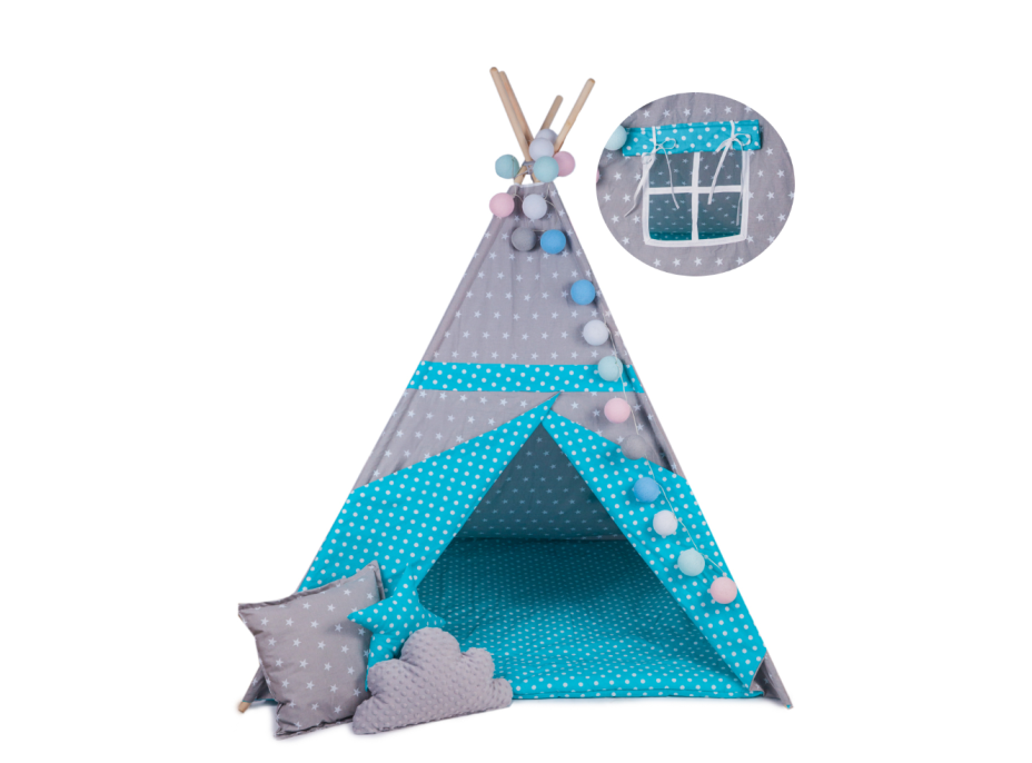 Dětský stan TEEPEE (TÝPÍ) MODROŠEDÝ + doplňky