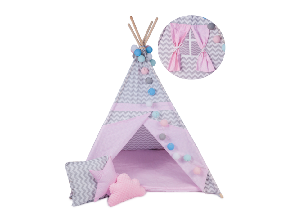 Dětský stan TEEPEE (TÝPÍ) RŮŽOVÝ S VLNKAMI + doplňky