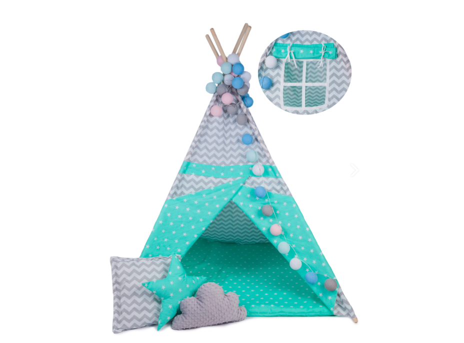 Dětský stan TEEPEE (TÝPÍ) MINT S VLNKAMI + doplňky