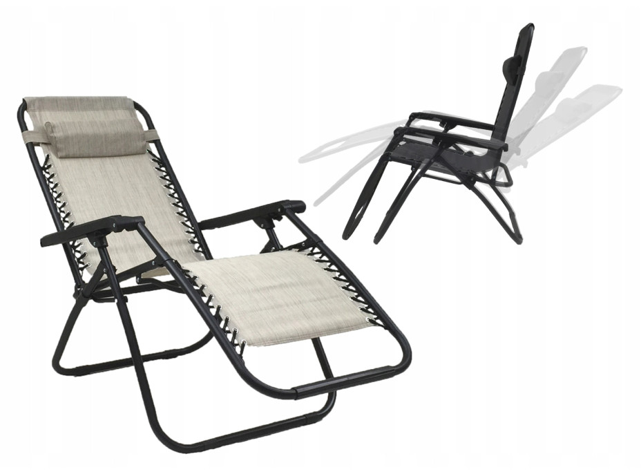 Zahradní rozkládací lehátko FARO béžové - držák nápojů - polštářek