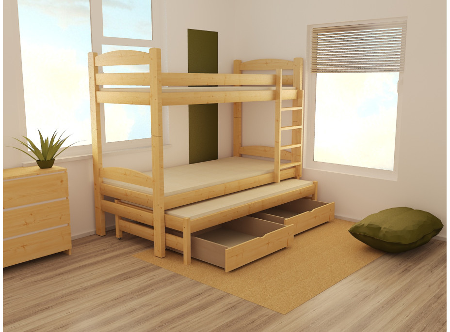Dětská patrová postel s přistýlkou z MASIVU 200x90cm SE ŠUPLÍKY - PPV010