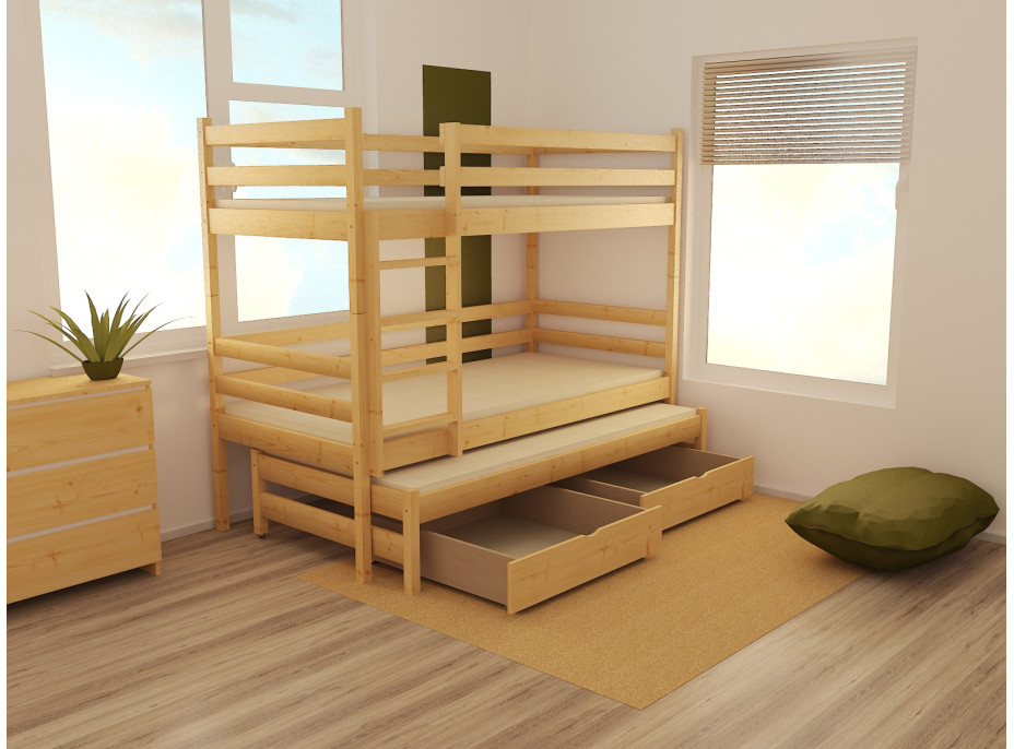 Dětská patrová postel s přistýlkou z MASIVU 200x90cm SE ŠUPLÍKY - PPV015