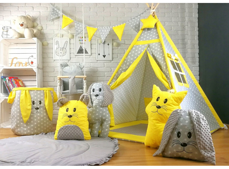 Dětský stan TEEPEE (TÝPÍ) EXCLUSIVE s doplňky - ŽLUTOŠEDÝ