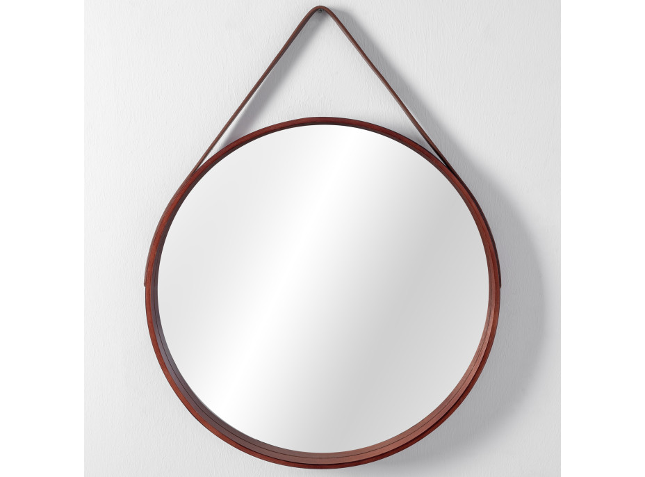 Kulaté zrcadlo na pásku LOFT 59 cm s dřevěným rámem - tmavě hnědé