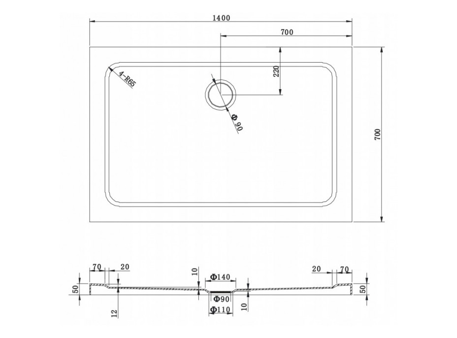 Sprchová vanička MAXMAX MEXEN SLIM 70x140 cm, 40107014