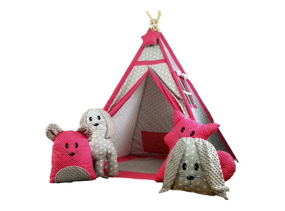 Dětský stan TEEPEE (TÝPÍ) EXCLUSIVE s doplňky - TMAVĚRŮŽOVÝ