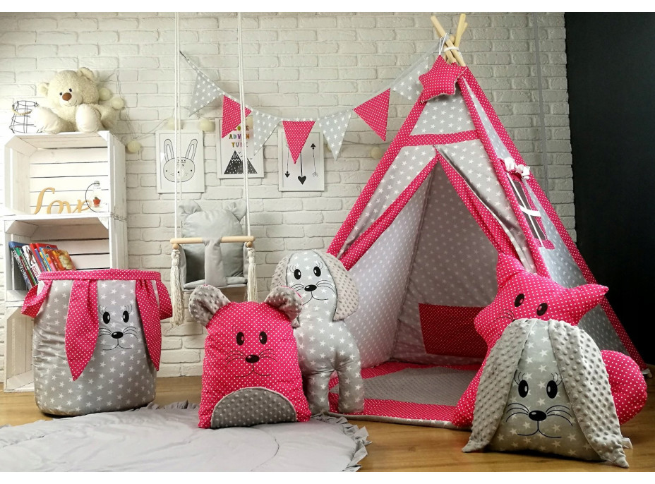 Dětský stan TEEPEE (TÝPÍ) EXCLUSIVE s doplňky - TMAVĚRŮŽOVÝ