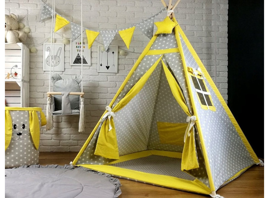 Dětský stan TEEPEE (TÝPÍ) EXCLUSIVE s doplňky - ŽLUTOŠEDÝ