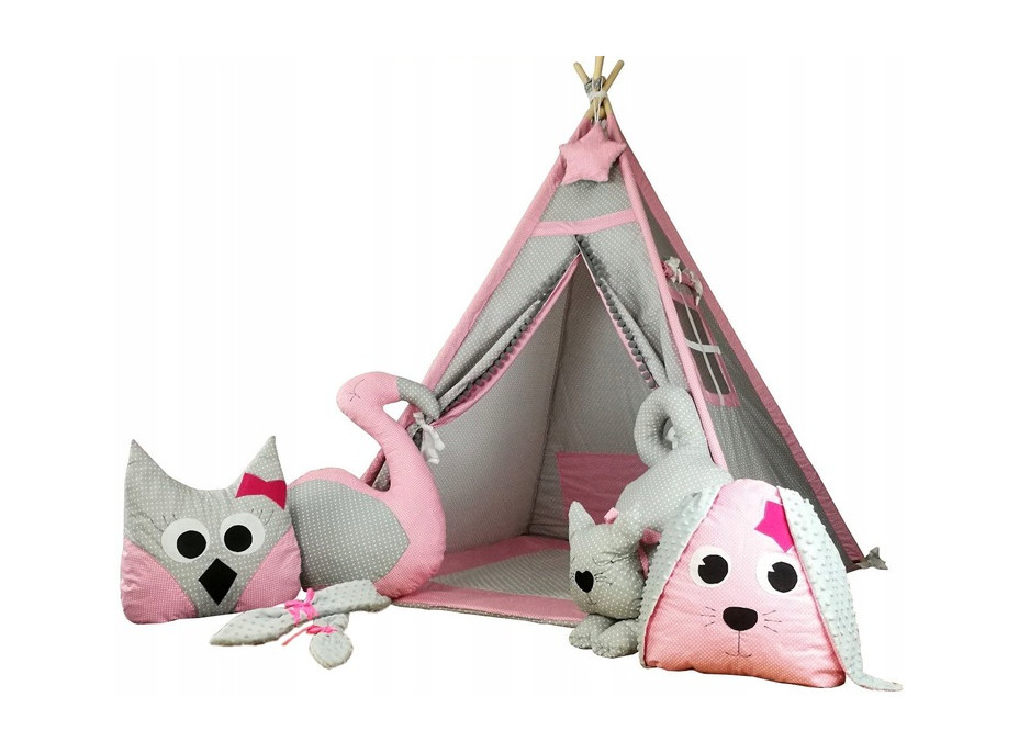Dětský stan TEEPEE (TÝPÍ) LUXURY s doplňky - RŮŽOVÁ ZVÍŘÁTKA