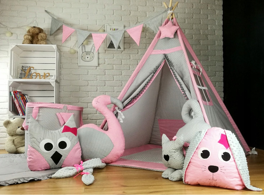 Dětský stan TEEPEE (TÝPÍ) LUXURY s doplňky - RŮŽOVÁ ZVÍŘÁTKA
