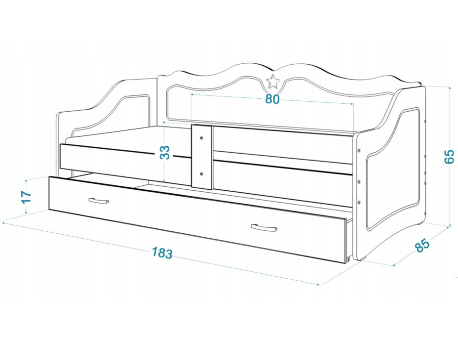 Dětská jednolůžková postel LILI se šuplíkem 180x80 cm - bílá