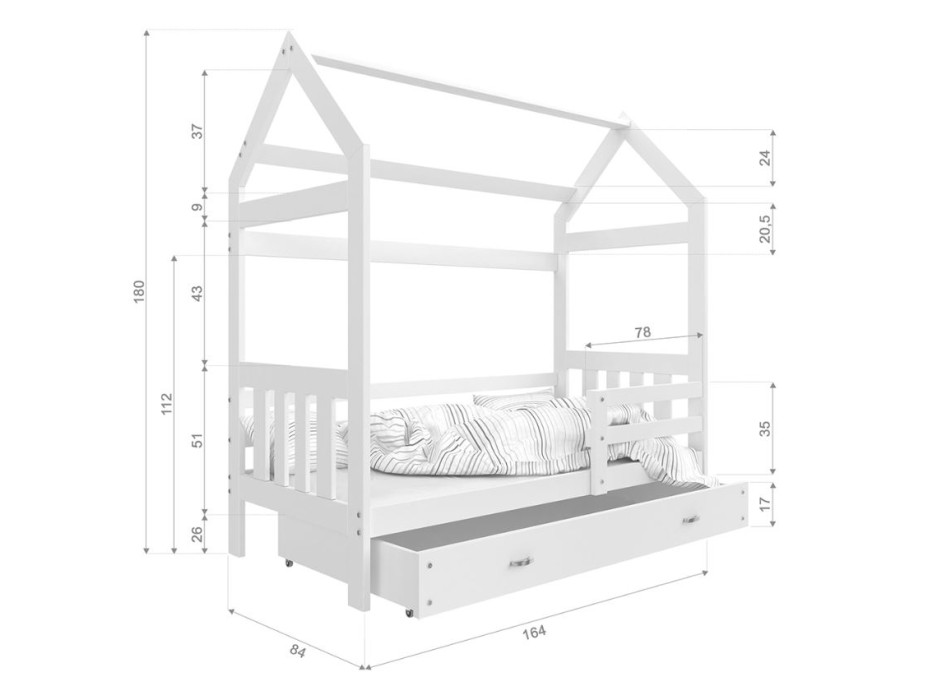 Dětská domečková postel DOMEK P - 160x80 cm - borovice