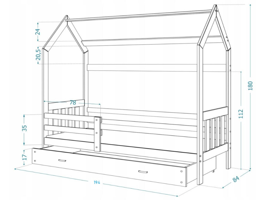Dětská domečková postel DOMEK P - 190x80 cm - borovice