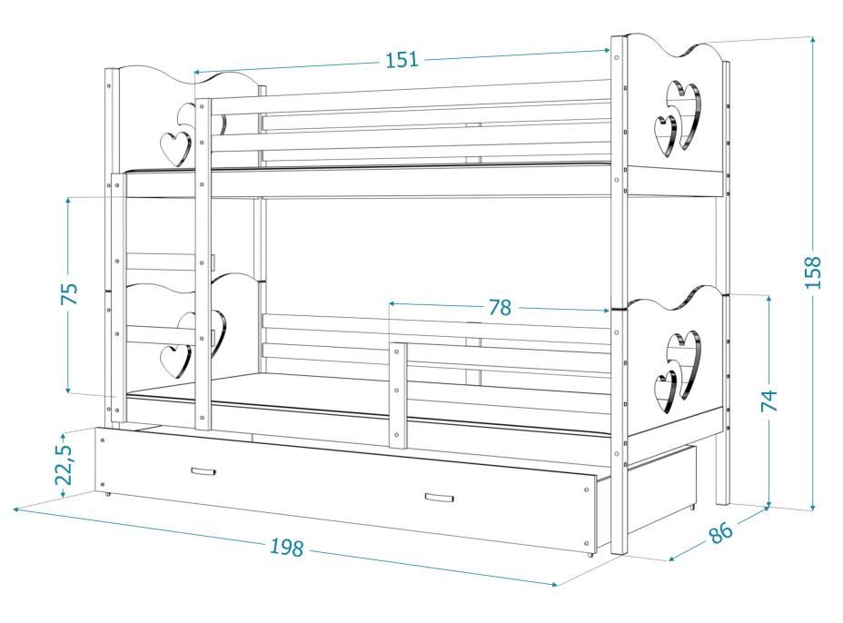 Dětská patrová postel se šuplíkem MAX R - 190x80 cm - bílá - srdíčka