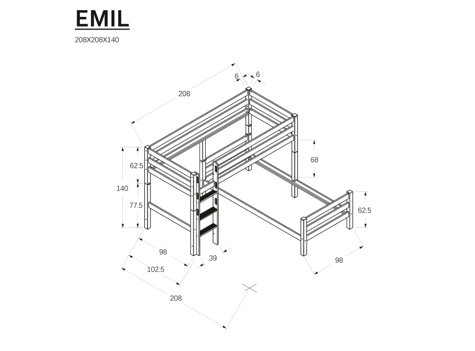 Dětská patrová postel do "L" z MASIVU BUK - EMIL 200x90cm - bílá