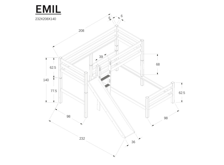 Dětská patrová postel do "L" se skluzavkou z MASIVU BUK - EMIL 200x90cm - bílá