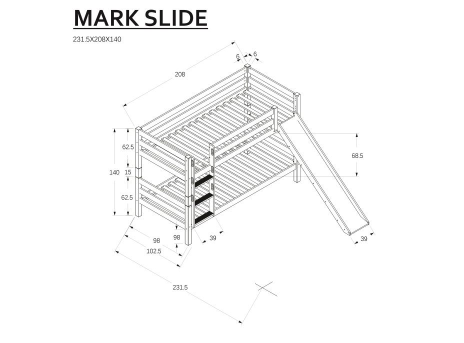Dětská patrová postel se skluzavkou z MASIVU BUK - MARK 200x90cm - přírodní