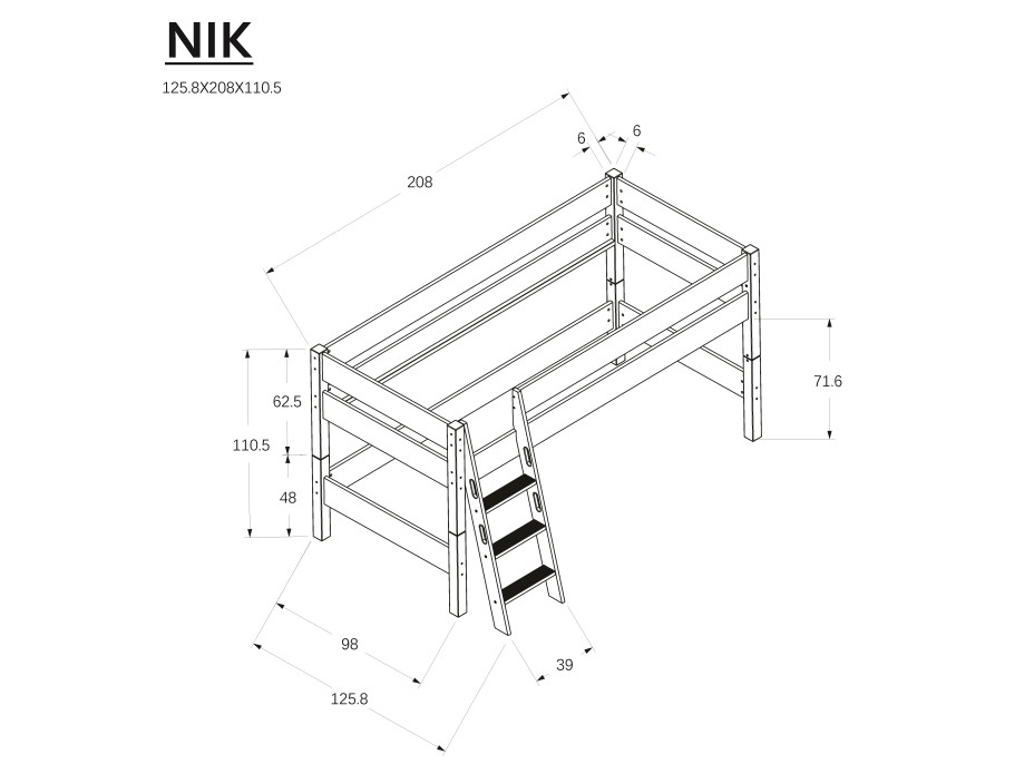 Dětská vyvýšená postel z MASIVU BUK - NIK 200x90cm - bílá