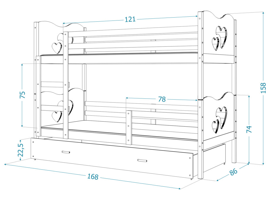 Dětská patrová postel se šuplíkem MAX R - 160x80 cm - bílá/borovice - srdíčka