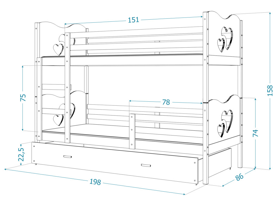 Dětská patrová postel se šuplíkem MAX R - 190x80 cm - bílá/borovice - srdíčka