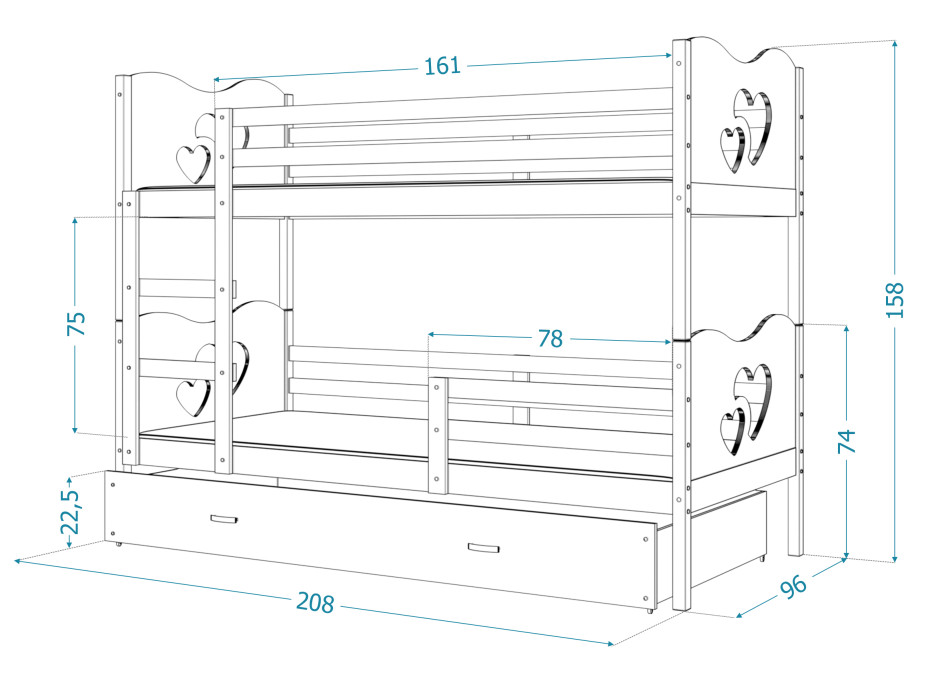 Dětská patrová postel se šuplíkem MAX R - 200x90 cm - modro-šedá - vláček