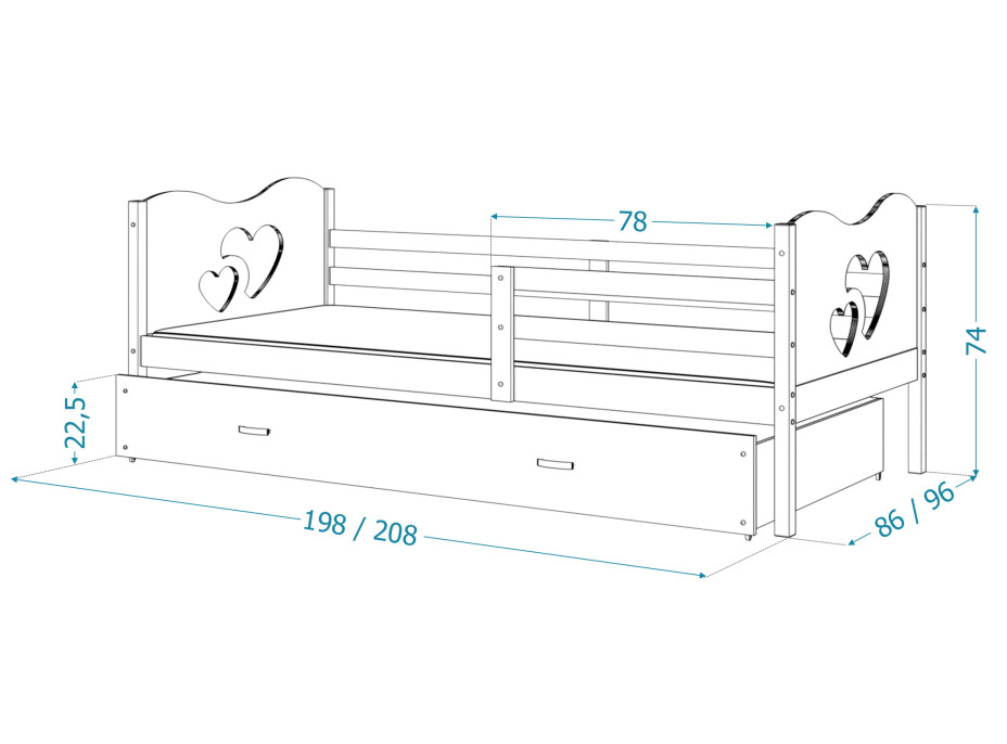 Dětská postel s přistýlkou MAX W - 190x80 cm - šedá/borovice - vláček