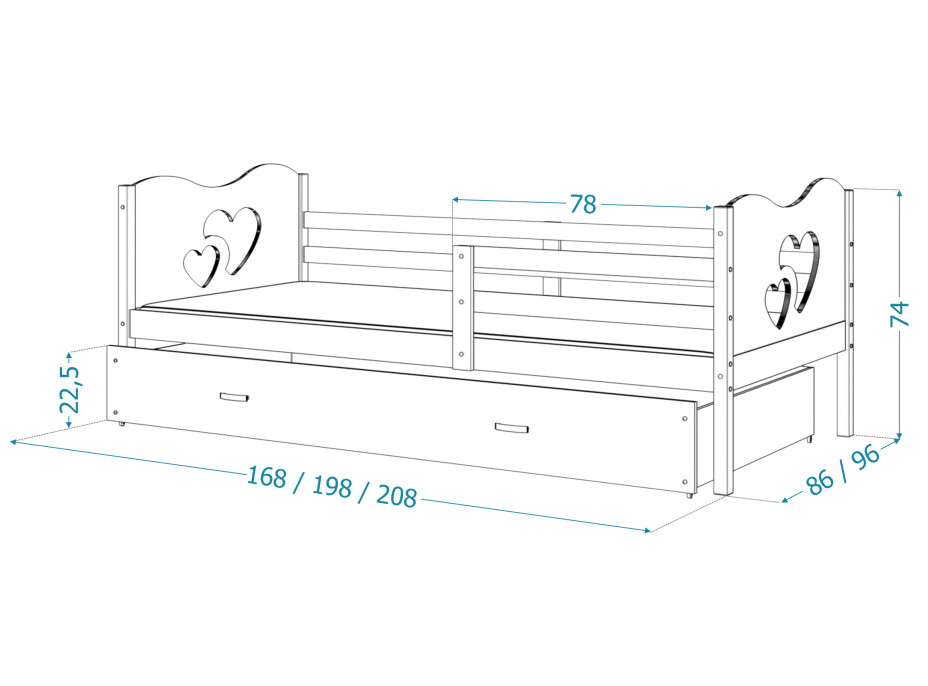 Dětská postel se šuplíkem MAX S - 190x80 cm - bílo-šedá - srdíčka