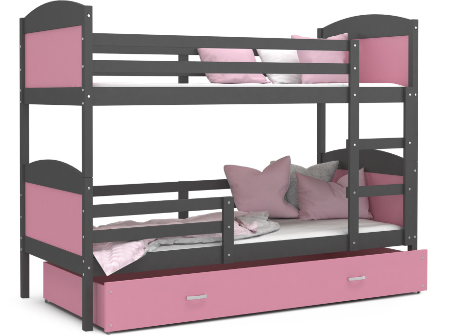 Dětská patrová postel se šuplíkem MATTEO - 160x80 cm - růžovo-šedá