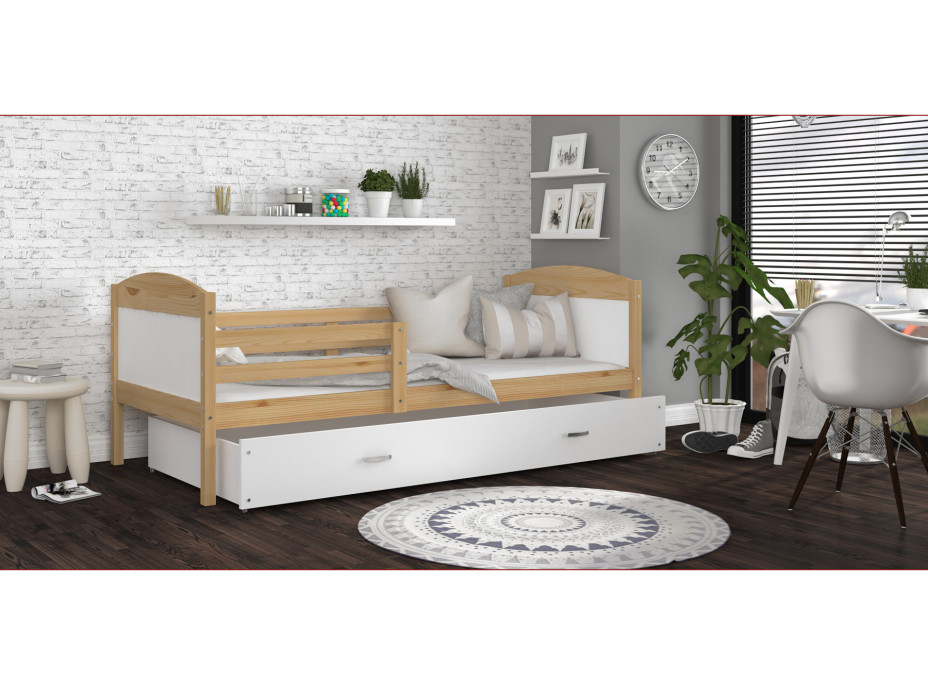 Dětská postel se šuplíkem MATTEO - 200x90 cm - bílá/borovice