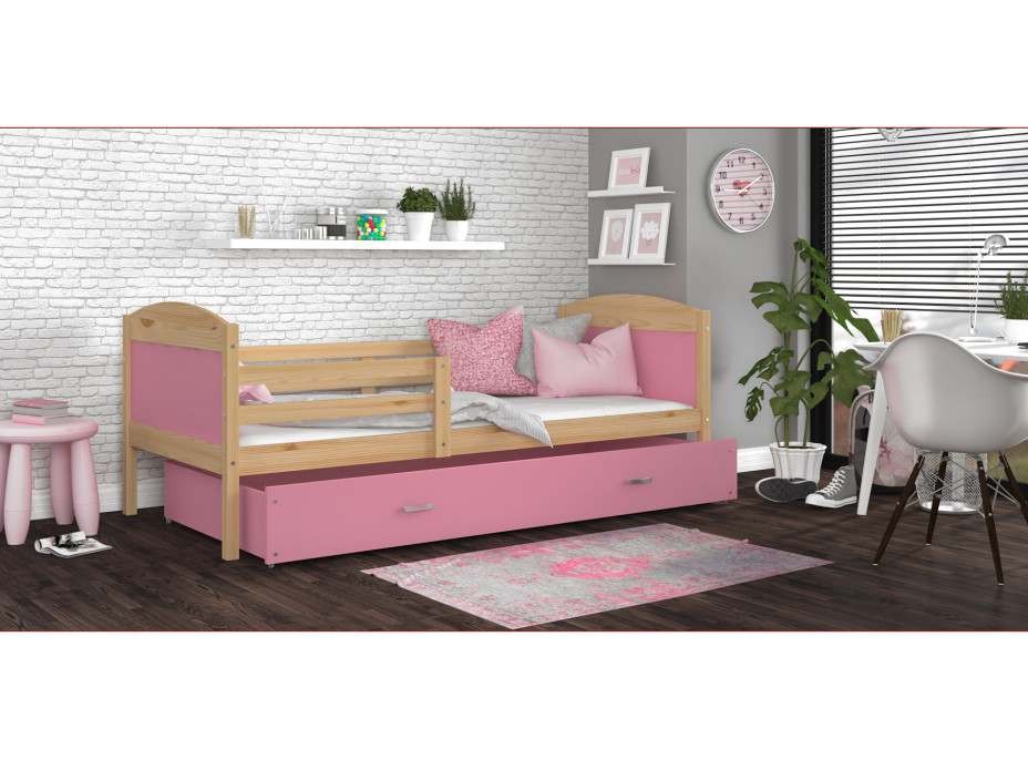 Dětská postel se šuplíkem MATTEO - 160x80 cm - růžová/borovice