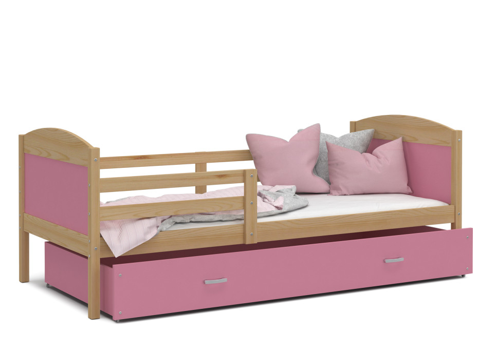 Dětská postel se šuplíkem MATTEO - 200x90 cm - růžová/borovice