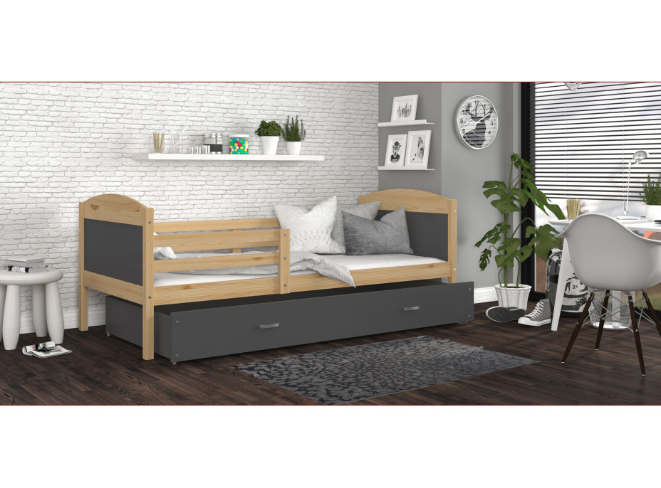 Dětská postel se šuplíkem MATTEO - 190x80 cm - šedá/borovice