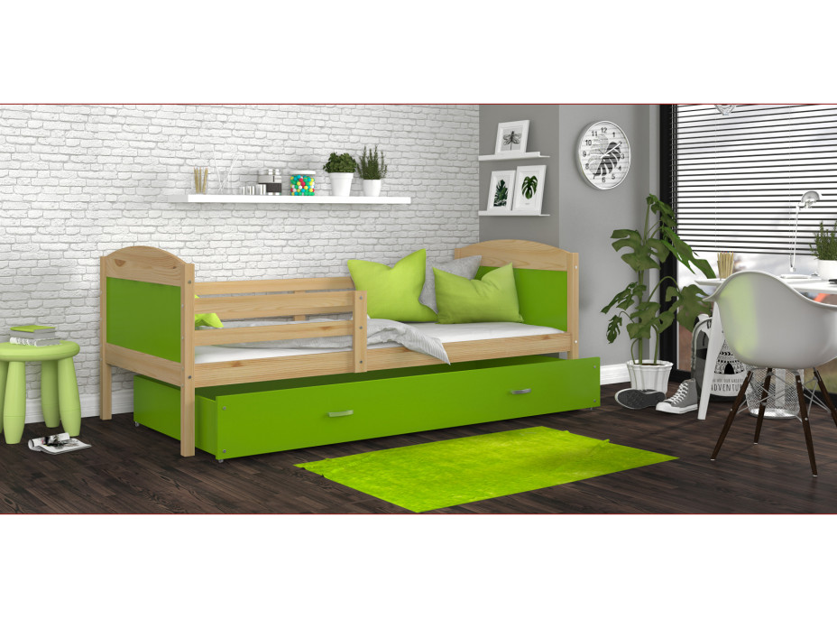 Dětská postel se šuplíkem MATTEO - 200x90 cm - zelená/borovice